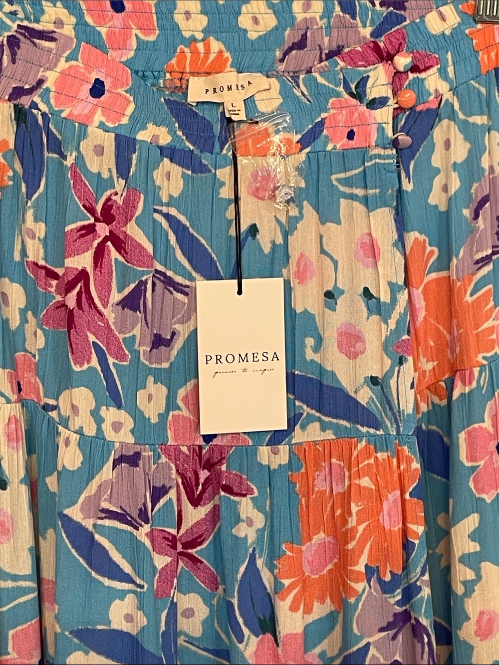 Promesa- Blue Floral Maxi Wrap Skirt with Orange & Pink Blooms various sizes - Picture 9 of 9